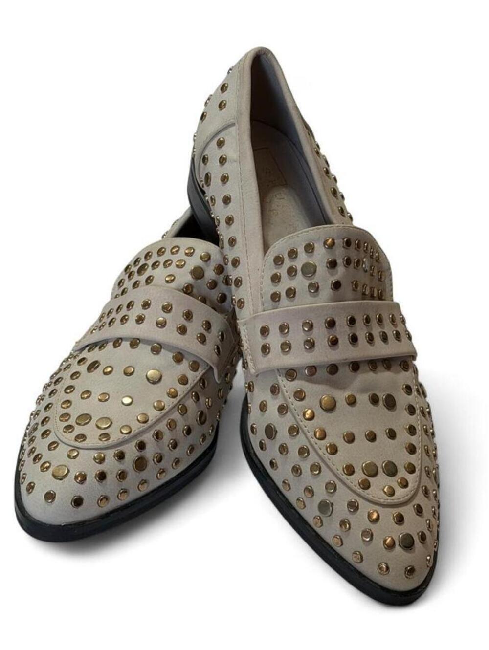 SHU SHOP Women's Tan and Cream Studded Loafers